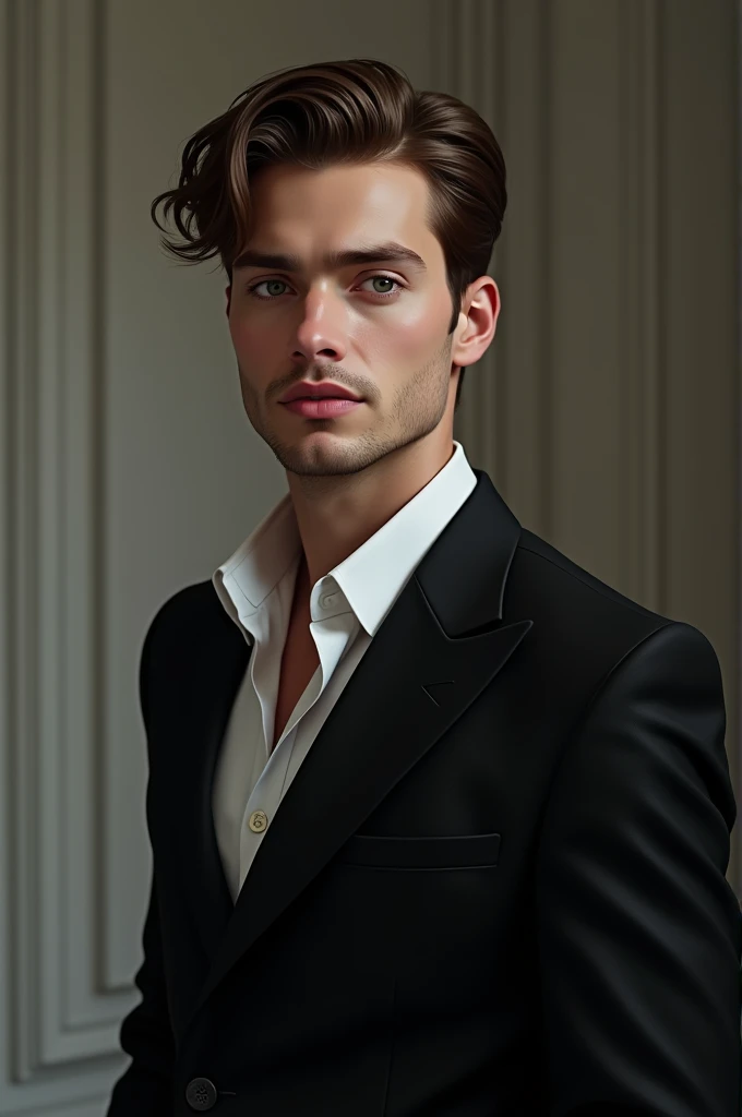 A young brown-haired man in a black suit with pink lips