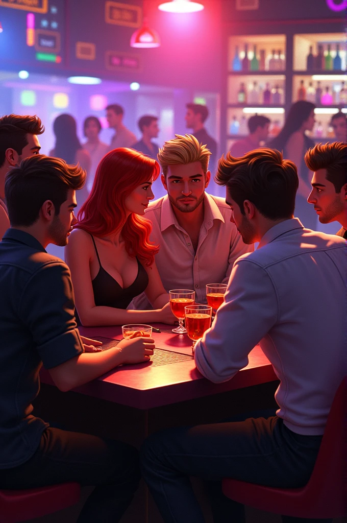 a blonde man , Sitting in a disco with his redhead wife , plus two brunette friends and 4 handsome men at a bar