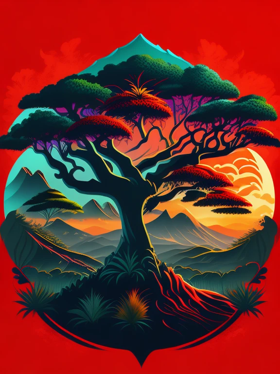 a  tree in Indonesia landscape, tshirt design, rzminjourney, vector-art