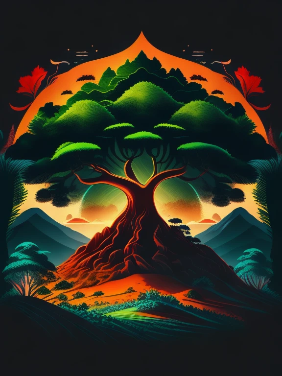 a ganja tree in Indonesia landscape, tshirt design, rzminjourney, vector-art