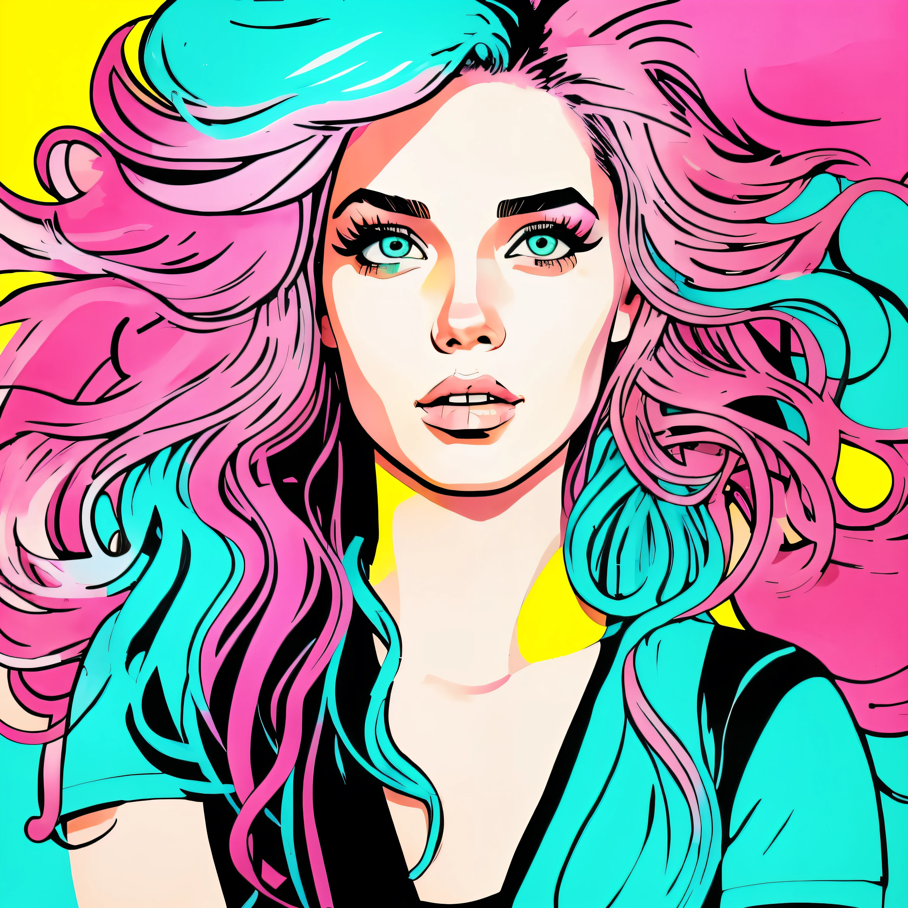 album cover, painted portrait of a girl with pink and turquoise hair, the face is clear, covered by hair, watercolor, pop art style, drawn in the style of a neon marker