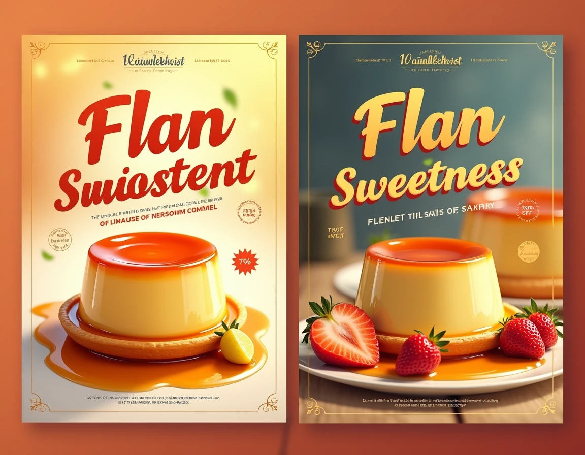 I want a poster for advertising the sale of flan. You are a professional copywriter., expert in creating eye-catching posters. Use your skills to create 2 posters that will make people want to buy my products. Search for images