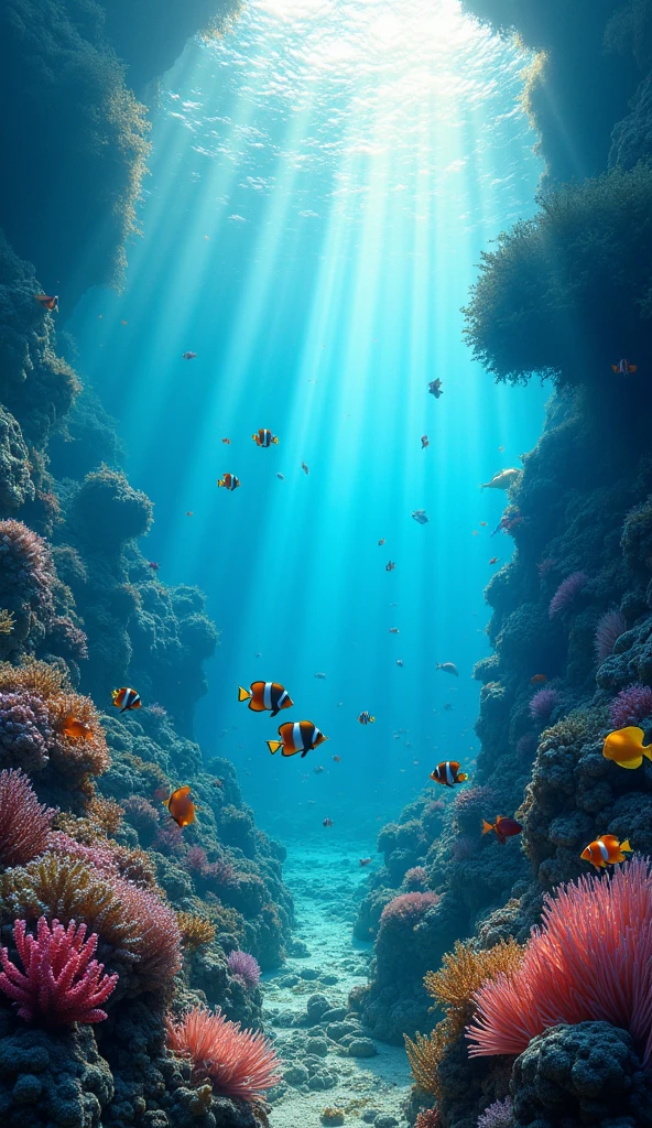A fascinating underwater scene showcasing marine diversity and a striking Tyndall effect, where light shines through crystal clear waters, illuminating sea fish coral formations