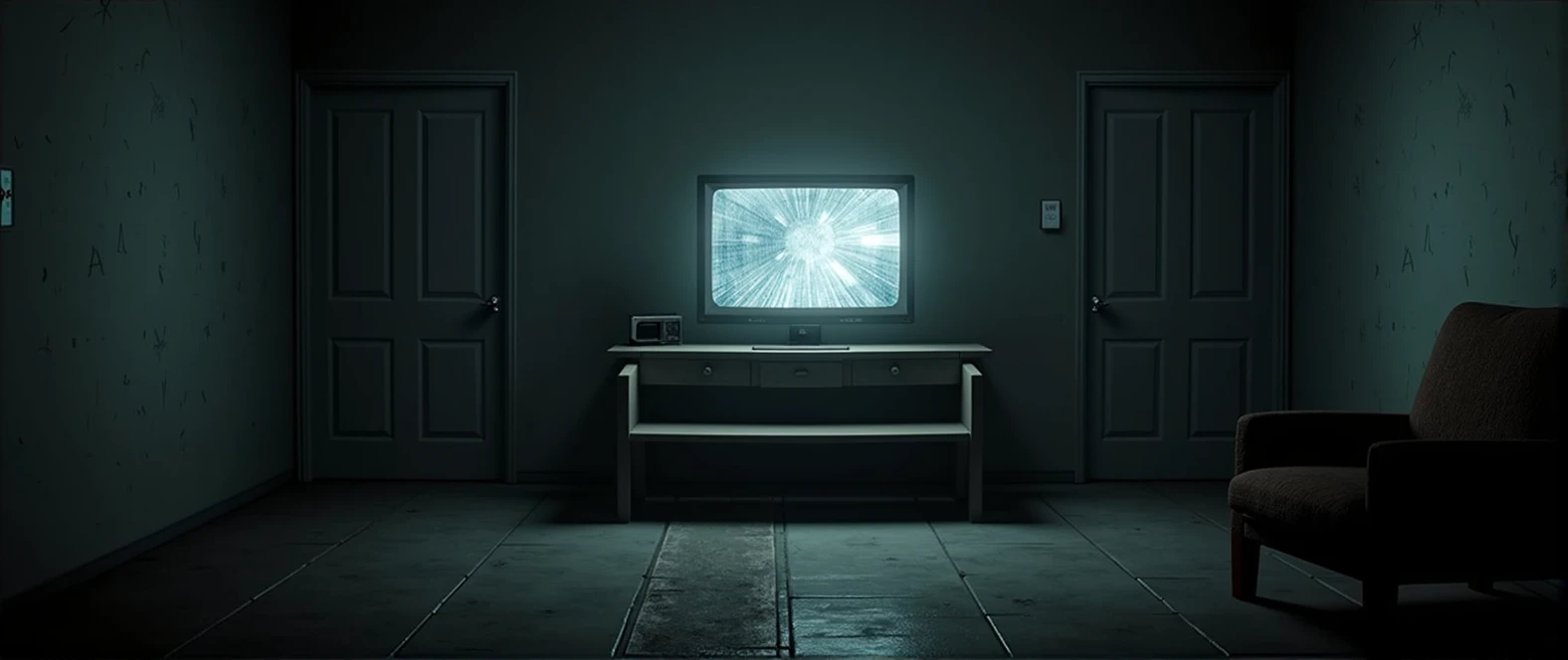 I want a realistic image of an office inside a dark and gloomy house. The image needs to be in first person (no people in the image, It's like the camera is the person's eyes.), with a bench and a monitor (screen) old to look at the security cameras in the middle, and two half-open doors on either side of the bench.