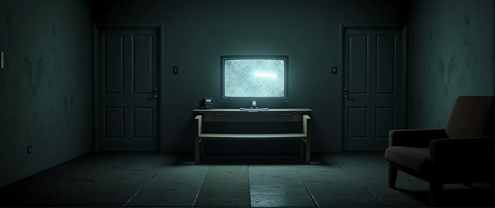 I want a realistic image of an office inside a dark and gloomy house. The image needs to be in first person (no people in the image, It's like the camera is the person's eyes.), with a bench and a monitor (screen) old to look at the security cameras in the middle, and two half-open doors on either side of the bench.
