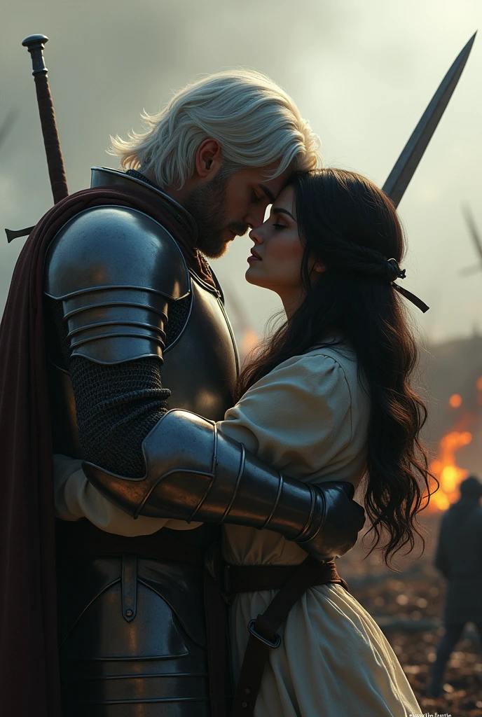 Generate a picture where a 25 years old White hair guy wearing a light knight suit and 25 years old black hair girl are hugging each other and there is a third person who is stabbing them with the sword while they were hugging and the sword is going through both of their chests. Behind them should be a battlefield. It should look real like a film scene.
