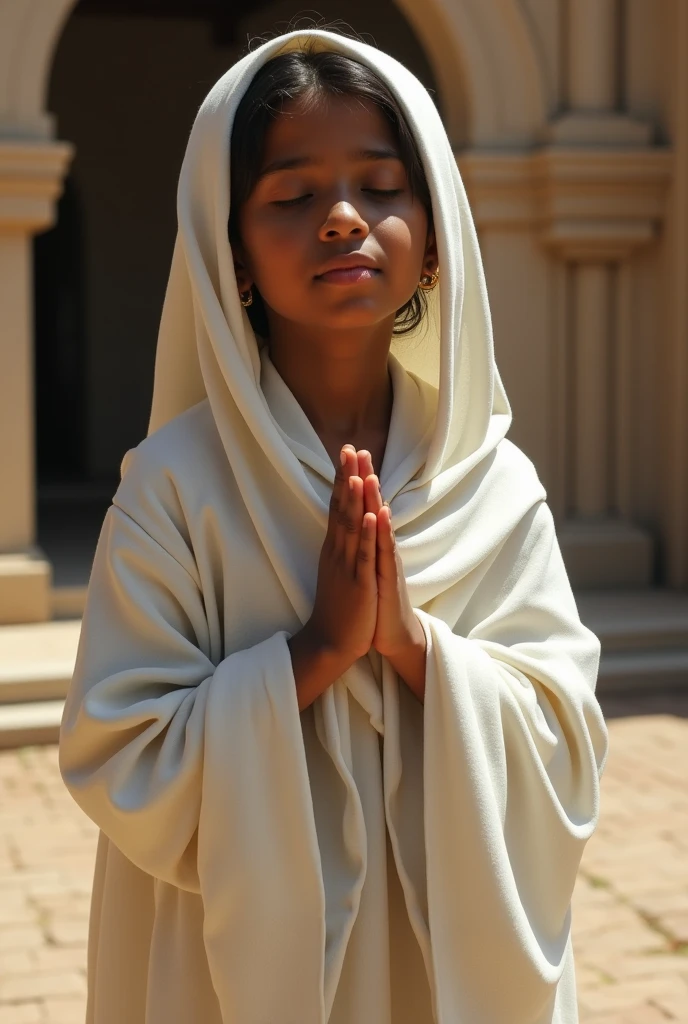 Ethiopian orthodox girl wearing white 'netela', praying,  hair fully covered.
