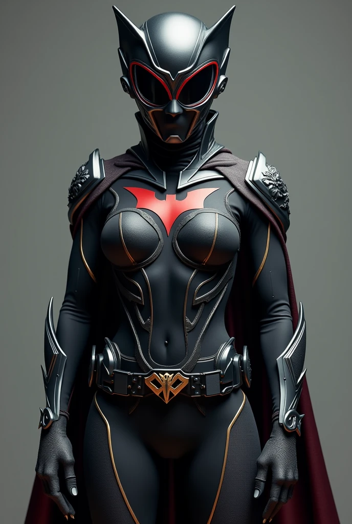 Fù's suit is made of black elastic fabric with satin finish, including a mask with night vision lenses and cloud embroidery. The body is made of nylon and elastane, black with dark gray details and a red bat symbol. The lightweight, breathable cover imitates bat membranes, With a silver border. Gloves and boots have retractable claws and Chinese details, like waves and bamboo leaves. The utility belt has discreet pockets and golden dragon-shaped details. The suit combines functionality with Chinese cultural elements, reflecting the inspiration of Fù.