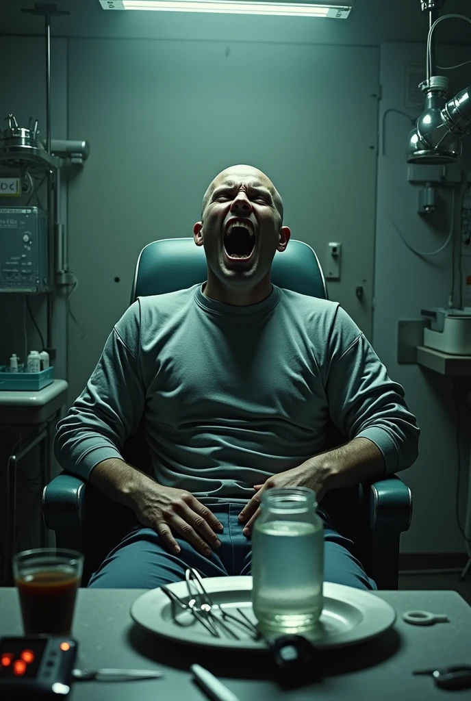 A man tied to a chair,with your hands free,in a hospital room where there are tubes hooked up to his face and in front of him there is a table with various surgical instruments and a recorder, He is a bald man, screaming in despair and fear, There is a jar with water pressing on a plate that prevents the tubes from being activated