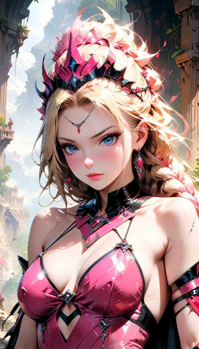 ((anime art: 1.5)), RPG art, Dark fantasy anime art, comic portrait  pin up picture of Barbie as a dominatrix queen (best details, Masterpiece, best quality :1.5), ultra detailed face (best details, Masterpiece, best quality :1.5), ultra feminine (best details, Masterpiece, best quality :1.5), wearing latex pink mini dress, pink stockings, pink high heels, long braided hair, hair pulled back, blond hair, dynamic background (best details, Masterpiece, best quality :1.5), ultra best realistic pictures , best details, best quality, 16k, [ultra detailed], masterpiece, best quality, (extremely detailed), ultra wide shot, photorealism, depth of field, hyper realistic painting, rpg portrait, Dark Fantasy page