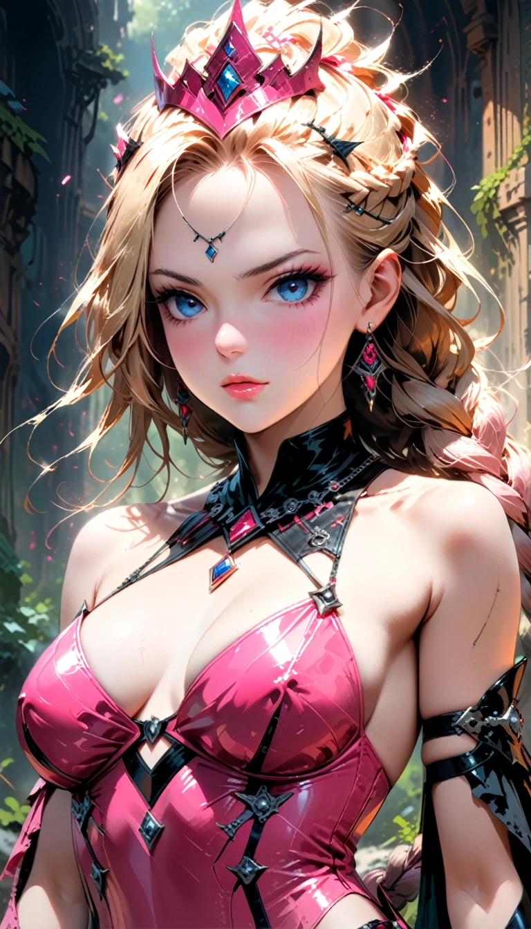((anime art: 1.5)), RPG art, Dark fantasy anime art, comic portrait  pin up picture of Barbie as a dominatrix queen (best details, Masterpiece, best quality :1.5), ultra detailed face (best details, Masterpiece, best quality :1.5), ultra feminine (best details, Masterpiece, best quality :1.5), wearing latex pink mini dress, pink stockings, pink high heels, long braided hair, hair pulled back, blond hair, dynamic background (best details, Masterpiece, best quality :1.5), ultra best realistic pictures , best details, best quality, 16k, [ultra detailed], masterpiece, best quality, (extremely detailed), ultra wide shot, photorealism, depth of field, hyper realistic painting, rpg portrait, Dark Fantasy page