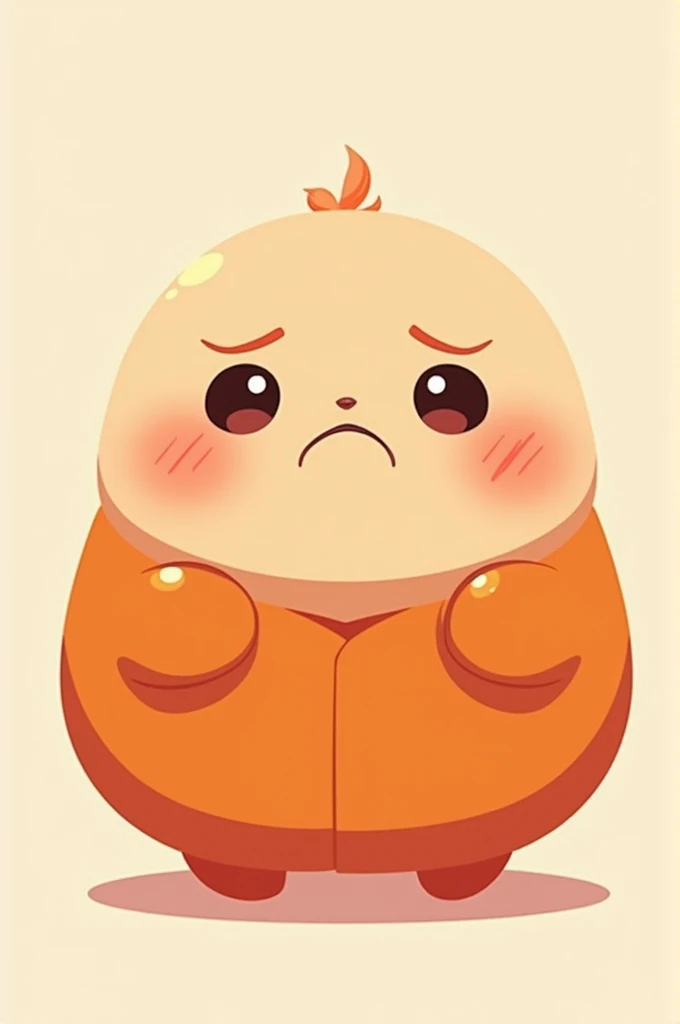 A cute chubby anime character in a deep orange outfit is sulking.