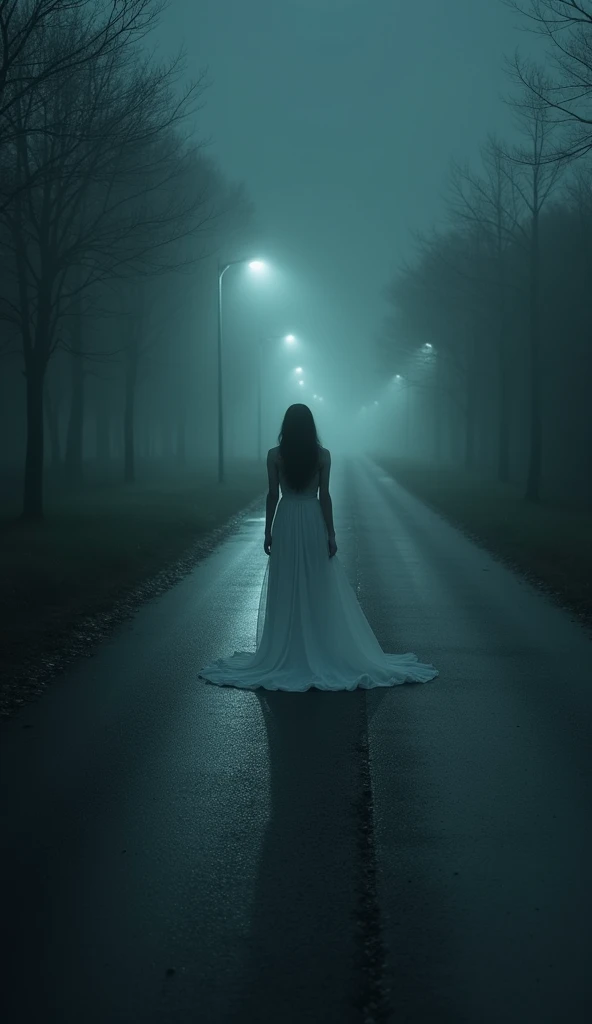 A lonely, dark roadside with a ghostly figure of a woman in a white dress standing in the distance, creating an eerie atmosphere.