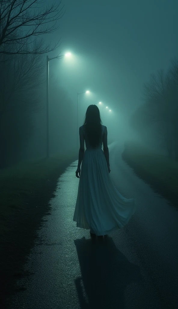 A lonely, dark roadside with a ghostly figure of a woman in a white dress standing in the distance, creating an eerie atmosphere.