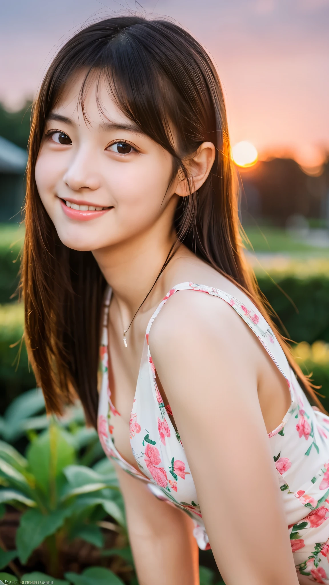 High resolution, masterpiece, 1girl, A very cute face like an idol, Looks like a young face, 18 year old, Gentle and cute, A kind smile, Cleavage, one piece, botanical garden with beautiful sunset,  whole body, RAW Photos, Genuine, live-action, Artistic,