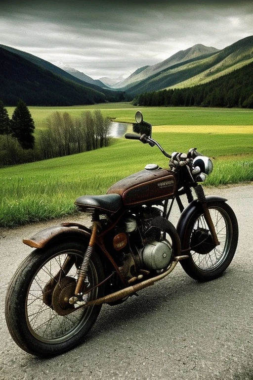 Just an old motorcycle
On a beautiful landscape