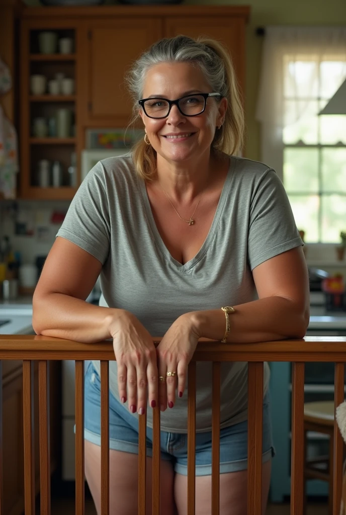 megan mullally, ((66yo GILF)), totally hotie beautiful granny with nidel-luke athletic build, with her cute grandson boy, BREAK, rimmed eyeglasses, ponytail chic hair, totally hot & cutie gilf, thick fleshy arms, (anatomically perfection:1.2), (perfect anatomy), masterpiece, best quality, masutaa piisu, detailed eyes, lewd sensual thick gilf, dynamic view, BREAK, this gilf is so sensual, her body is thick, she's seen to be talking to 1  on her house kitchen, (she's wearing loose t-shirt and mini hot pants:1.3), wearing loafers, (fully clothed), natural sensual pose, arms on fence, (full body view)