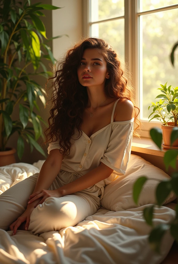 (photorealism:1.2), beautiful woman, sitting on bed, wearing loose off-shoulder top, pajama pants, long curly hair, indoors, soft lighting, plants in background, window with sunlight, cozy room, relaxed pose, realistic, intricate details, warm colors, by Greg Rutkowski, by Alphonse Mucha