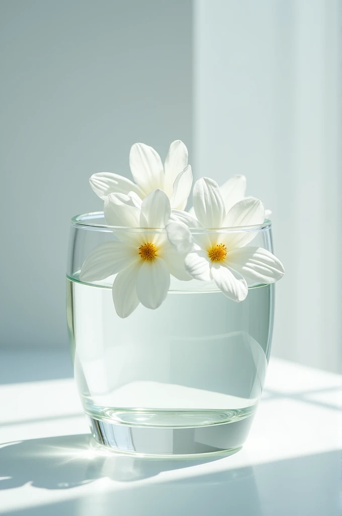 Crystal glass with water and 3 white flowers inside