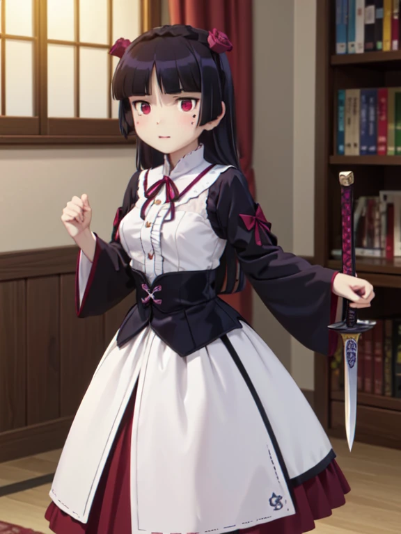  (ruri gokou), woman, alone, Hime cut, Mole under the eye, Red eyes, Large sword, (片手でLarge swordを持つ), Proud, A dark fantasy world I stepped into, Warrior-style clothing