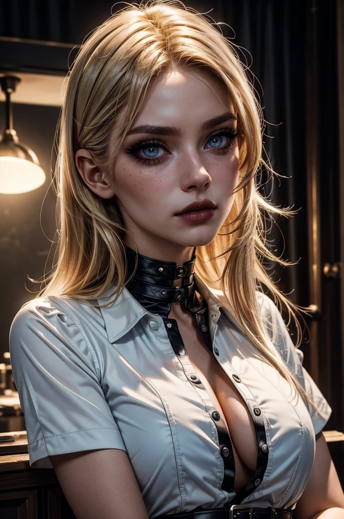 cowboy shot,a pretty 21 year old girl,blond hair,blue eyes,lora_Emma,slim athletic body,tight and stretched white blouse with buttons,button gap,short sleeves,black leather pants,metal belt,empty studio,(best quality,4k,8k,highres,masterpiece:1.2),ultra-detailed,(realistic,photorealistic,photo-realistic:1.37),dramatic lighting,cinematic,fashion photography,studio lighting,high contrast,vivid colors,beautiful detailed eyes,beautiful detailed lips,extremely detailed eyes and face,long eyelashes, touching hair