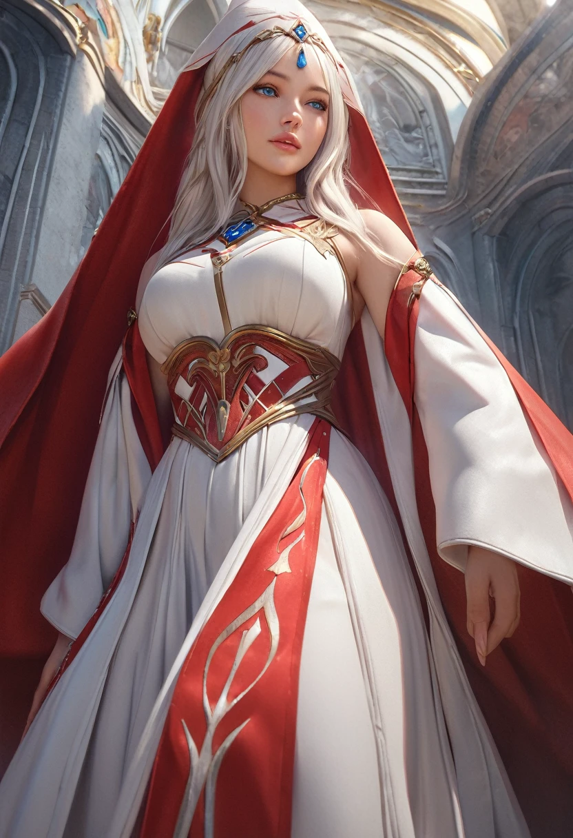 (best quality,4k,8k,highres,masterpiece:1.2), ultra-detailed, (realistic,photorealistic,photo-realistic:1.37),((Highly detailed CG Unity 8k wallpaper)), masterpiece, Super detailed, floating, High resolution, Sexually suggestive, (small, Extremely long white hair, Princess, White Mage, blue eyes, (It has long, wide sleeves and intricate embroidery. A gorgeous layered long dress in white and red with a sheer look), Bridal Veil, Circlet, Bridal Gauntlet, Blushing, shy, arched back, Frilled petticoat, Glamorous corset,