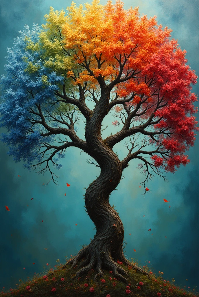 A magical tree with 7 branches, Each branch with a different color, from left to right, branch 1 blue flowers, branch 2 orange flowers, branch 3 red flowers, branch 4 water green flowers, branch 5 black flowers, branch 6 white flowers, branch 7 flowers intense green, surrealism+Baroque+oil_painting 8k resolution, super detailed,
