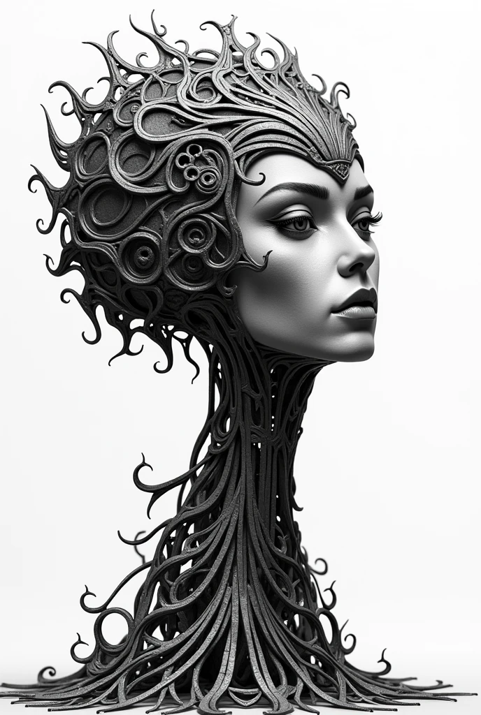 blackwork style art of a cocoon that is also an iron lady