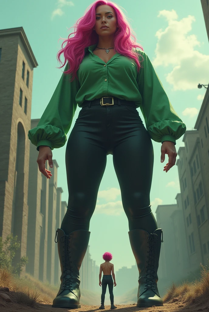 a pretty woman, 36 years old, pink hair, pretty face, Green Shirt, black tights , black riding boots, giantess, steps on a tiny boy, FULL BODY shot