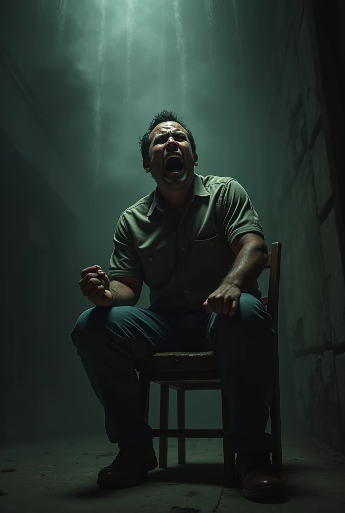 A man screaming in fear and despair trapped in a chair