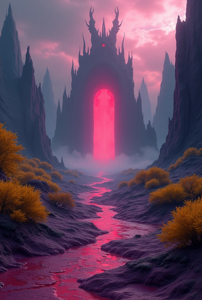 Demonic landscape to the horizon, purple grass, purple ground, yellow trees, yellow bushes, red portals