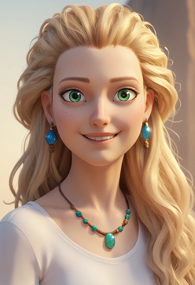 score_9, score_8_up, score_7_up, score_6_up, BREAK, Goldilocks, green eyes, blonde hair, long hair, earrings, clodes mouth, smile, necklace,