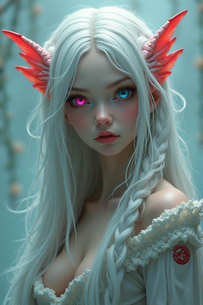 A girl with white hair with red strands with heterochromia. One eye is pink, the other is blue with thick braided hair. He is a duck with fish ears and a large killer whale tail.