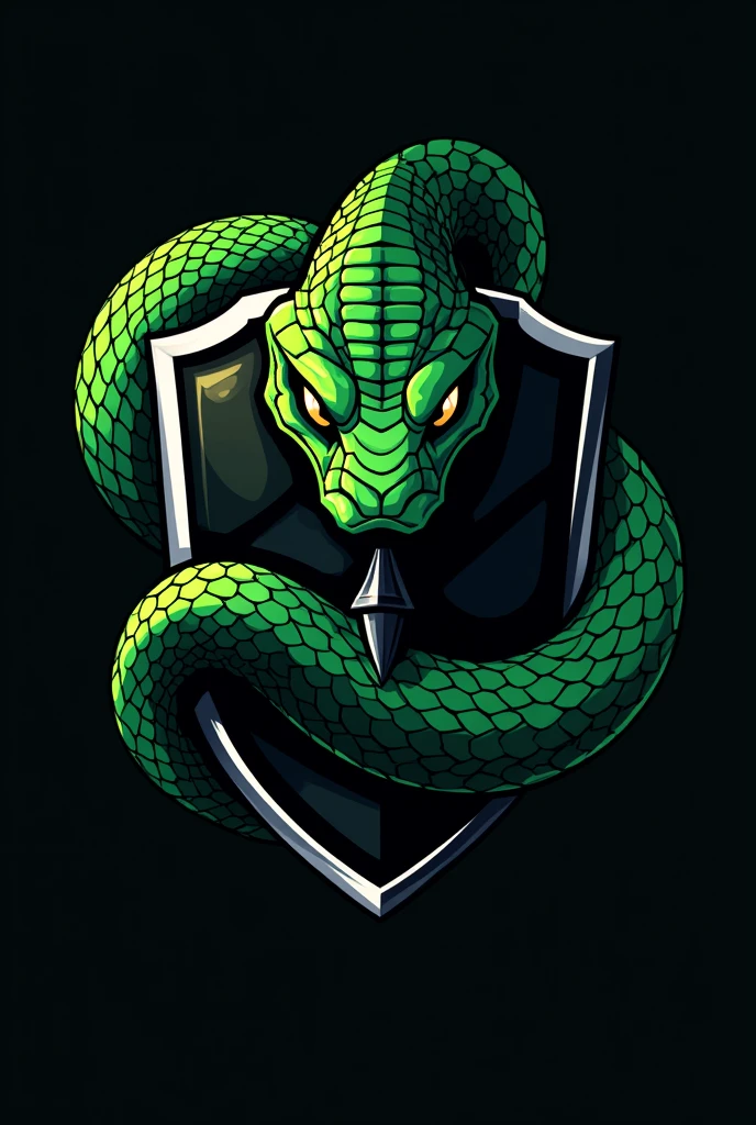 cartoon shield logo for black and green soccer team with a snake and scales