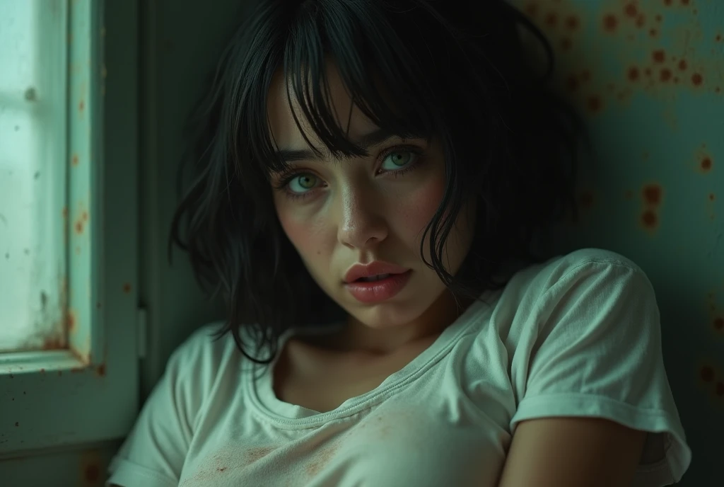 70s setting, grainy film, ultra-detailed, realistic, abstract, desperate tremor, sexual exhausted, hard breath, loosing control, hazy view, sweat, desperation, green eyes, soaked t-shirt, void background, red lips, noir, wet sticky hair, bob cut, natural skin texture, hot,