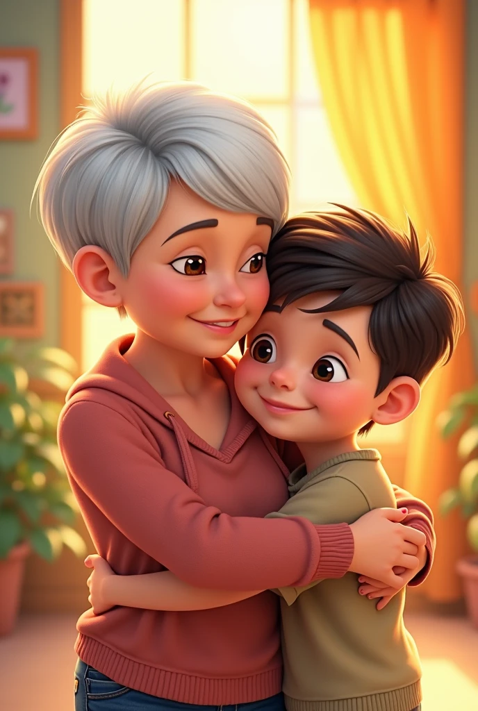 Discovery Kids style cartoon illustration of a 50-year-old woman with white pixie cut hair hugging her 6-year-old grandson with very short dark brown hair.
