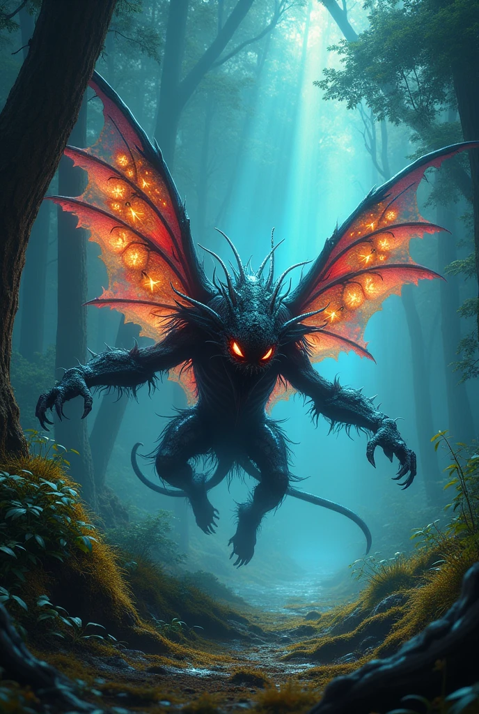 famous work of art(Ruan Jia:1.4),(Fractal Art:1.6),Fantasy style,Dynamic Angle,This is worrying(beauty:1.8)The Dizzy Undead Monster is a small, highly venomous creature.,have(Colorful and intricate wings:1.2),They inhabit the enchanting Shivering Woodlands in the dense forests of the dark planet Gnomtef VII.,Hunting the soft air(glowing spores:1.2),These spores come from the flourishing Gookoo Tree,The harsh dark environment of alien planets,Night,rays of black light