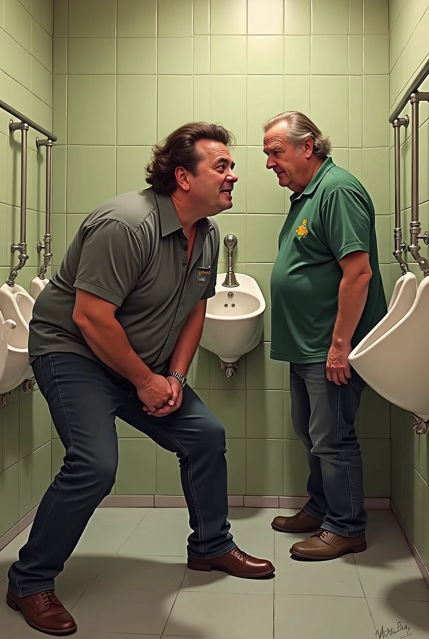 Jack Black desperate to pee clutching his crotch, friends with the other rear shot/Kevin Chamberlin peeing on the urinal.