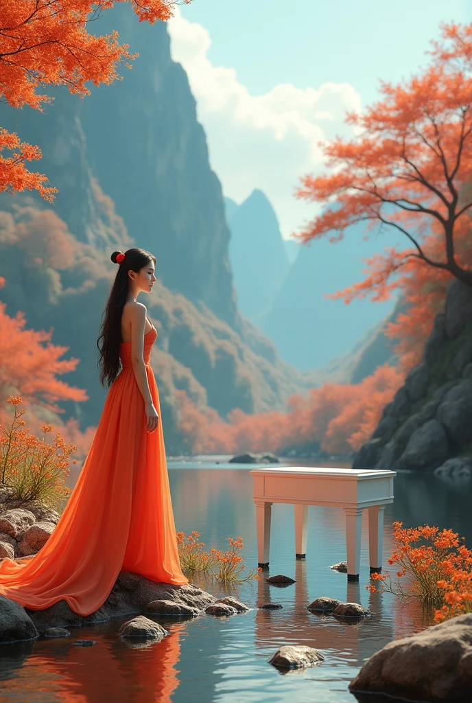 masterpiece, high quality animation, hyper-realistic aesthetic photo, (HDR:1.2), pore and detailed, intricately detailed, graceful and beautiful textures, RAW photo, 16K, sharp focus, cinematic lighting, (vivid colors), (crisp details), (lyrical Chinese classical aesthetic), (beautiful landscape with mountains and water), (vibrant flowers), (flowing stream), (ultra-beautiful Taiwanese woman), (elegant attire), (white piano on the water), (autumn maple leaves)