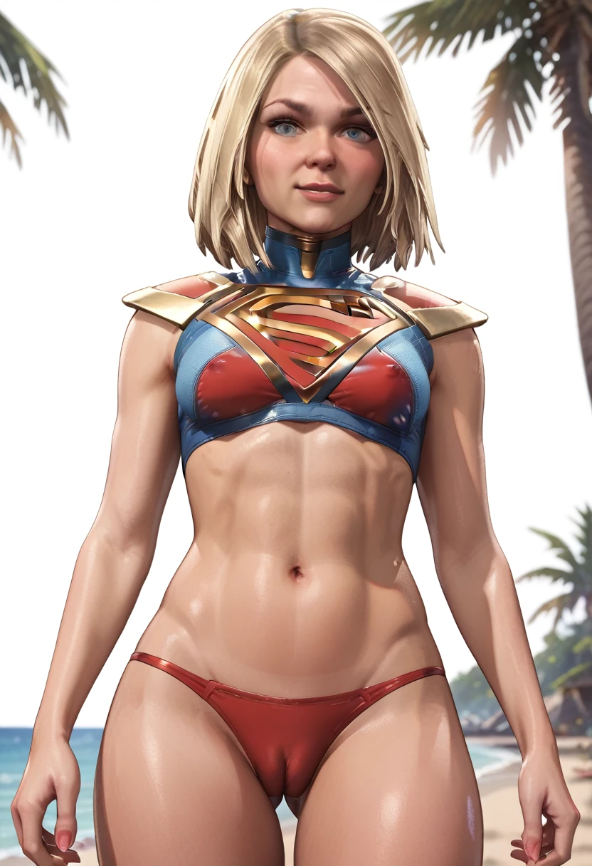 NSFW (red bikini) (Supergirl ((human)) medium breasts, cameltoe) fully body, on a deserted beach