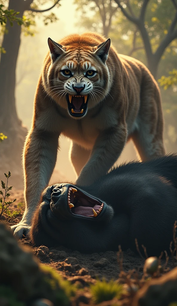 A hyper-realistic battle scene between a saber-toothed cat and a gorilla, with the saber-toothed cat emerging victorious. The gorilla lies defeated on the ground, while the saber-toothed cat stands triumphantly over it, its powerful fangs gleaming. The environment is prehistoric, with dense foliage and towering ancient trees. Lighting is dramatic, highlighting the fierce expression of the saber-toothed cat and the tension of the scene --v 5 --ar 9:16 --q 2 --style MidJourney --hd.the gorilla lying on the ground.(best quality,4k,8k,highres,masterpiece:1.2),ultra-detailed,(realistic,photorealistic,photo-realistic:1.37),HDR,studio lighting,extremely detailed face and body, portrait,cinematic lighting,dramatic lighting,warm color tones,dramatic colors