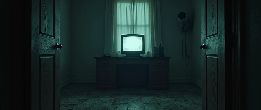 I want a realistic image of an office inside a dark and gloomy house. The image needs to be in first person (no people in the image, It's like the camera is the person's eyes.), with a bench and a monitor (screen) old to look at the security cameras in the middle, and two doors open halfway on either side of the counter.