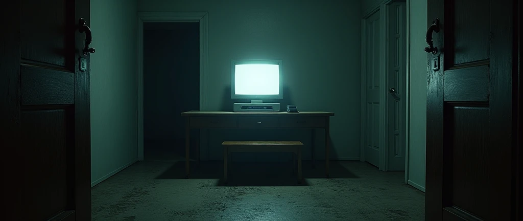 I want a realistic image of an office inside a dark and gloomy house. The image needs to be in first person (no people in the image, It's like the camera is the person's eyes.), with a bench and a monitor (screen) old to look at the security cameras in the middle, and two doors open halfway on either side of the counter.
