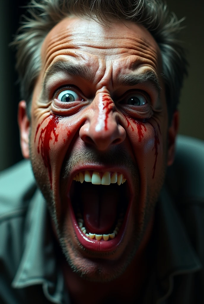 close up of a screaming bloody man's face