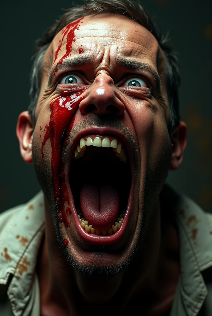 close up of a screaming bloody man's face