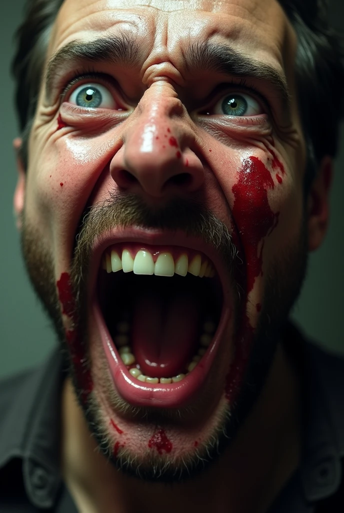 close up of a screaming bloody man's face