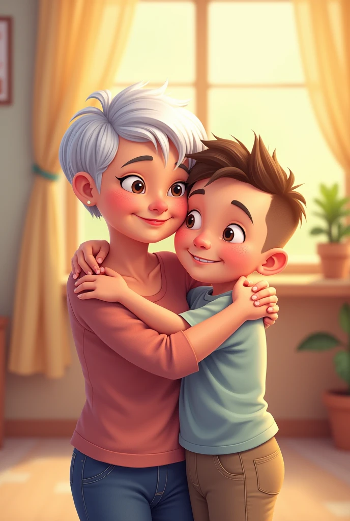 Discovery Kids-style cartoon illustration of a 50-year-old woman with white pixie cut hair hugging her 6-year-old grandson with brown shaved hair