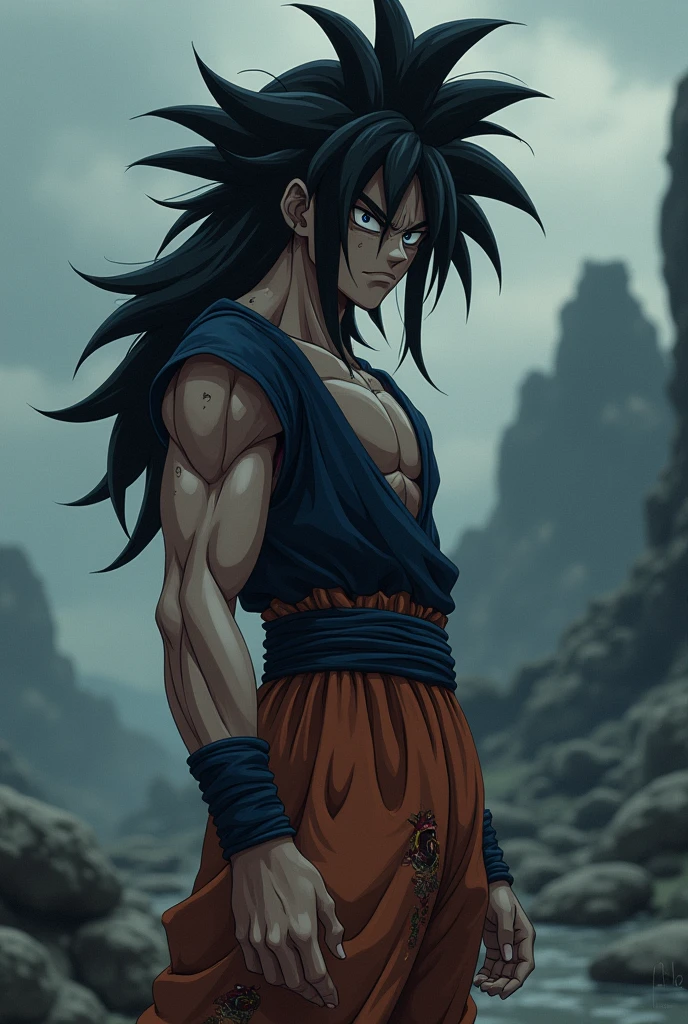 Goku, young adult, long messy black hair, dull black eyes without shine, broken and torn Z Warrior suit, with torn sleeves and pants, broken belt, weak and dull aura, background of a desolate and dark landscape, dramatic anime style.
facial expression: Deep sadness, with dark circles and an empty gaze, as if he had lost his loved ones and his purpose.
Posture: Curved, with shoulders slumped and head lowered, as if the weight of the world rested upon him.
Additional Details:
- The Z Warrior suit is torn and tattered, with dried blood and battle scars.
- His aura, normally intense , is now weak and dull, reflecting your emotional state."