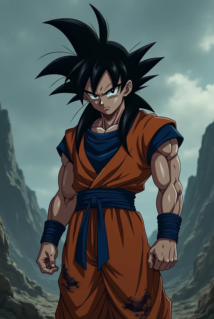 Goku, young adult, long messy black hair, dull black eyes without shine, broken and torn Z Warrior suit, with torn sleeves and pants, broken belt, weak and dull aura, background of a desolate and dark landscape, dramatic anime style.
facial expression: Deep sadness, with dark circles and an empty gaze, as if he had lost his loved ones and his purpose.
Posture: Curved, with shoulders slumped and head lowered, as if the weight of the world rested upon him.
Additional Details:
- The Z Warrior suit is torn and tattered, with dried blood and battle scars.
- His aura, normally intense , is now weak and dull, reflecting your emotional state."