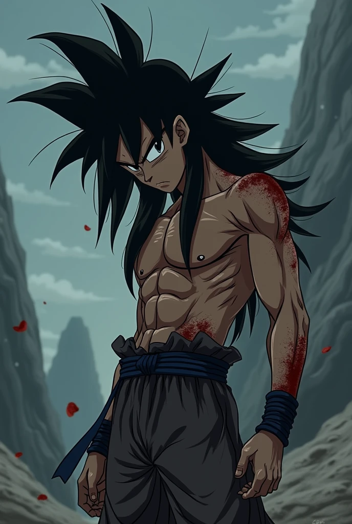 Goku, young adult, long messy black hair, dull black eyes without shine, broken and torn Z Warrior suit, with torn sleeves and pants, broken belt, weak and dull aura, background of a desolate and dark landscape, dramatic anime style.

facial expression: Deep sadness, with dark circles and an empty gaze, as if he had lost his loved ones and his purpose.

Posture: Curved, with shoulders slumped and head lowered, as if the weight of the world rested upon him.

Additional Details:

- The Z Warrior suit is torn and tattered, with dried blood and battle scars.
- His aura, normally intense , is now weak and dull, reflecting your emotional state."